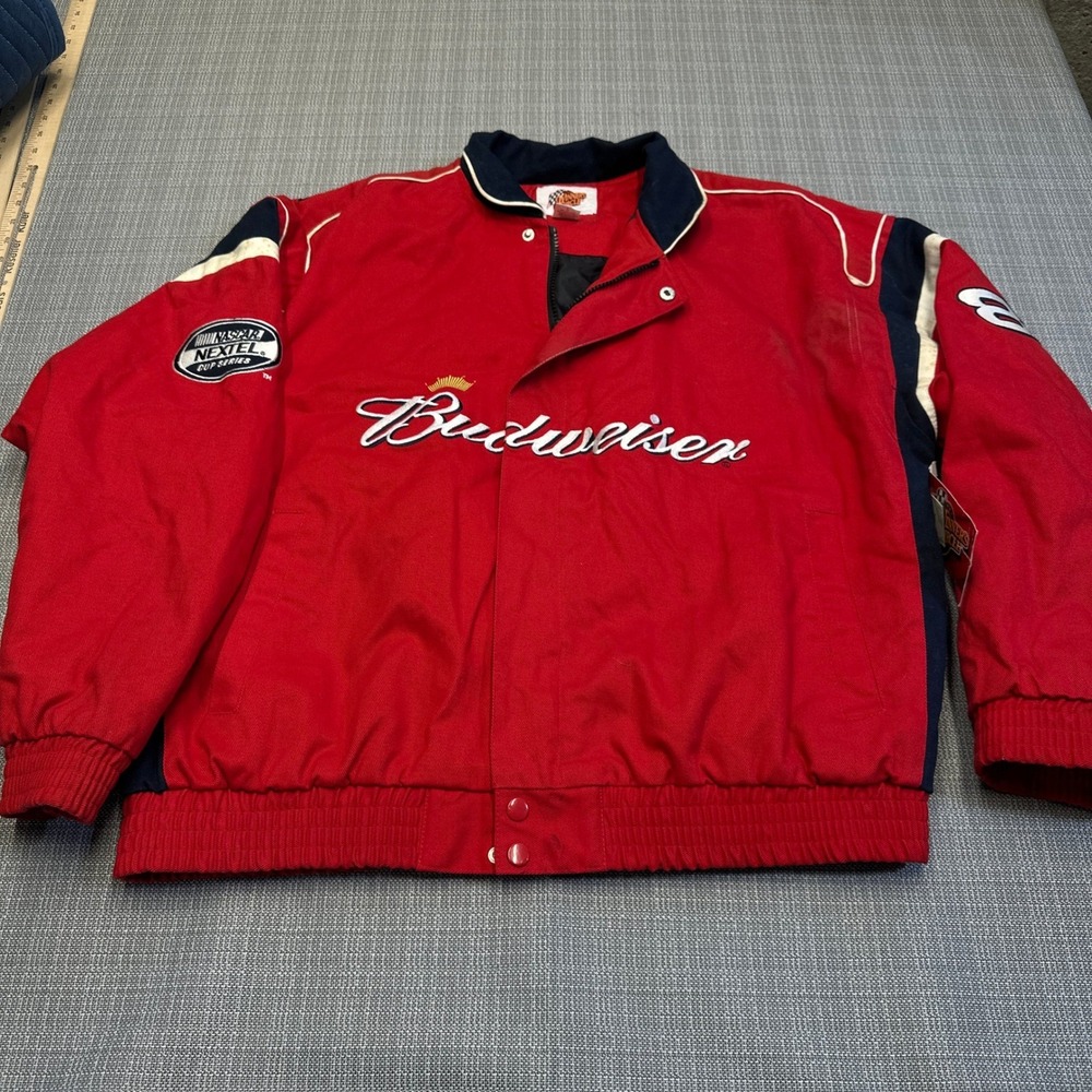 Vintage Budweiser Dale Jr NASCAR Racing Jacket Mens Large Red Winners Circle